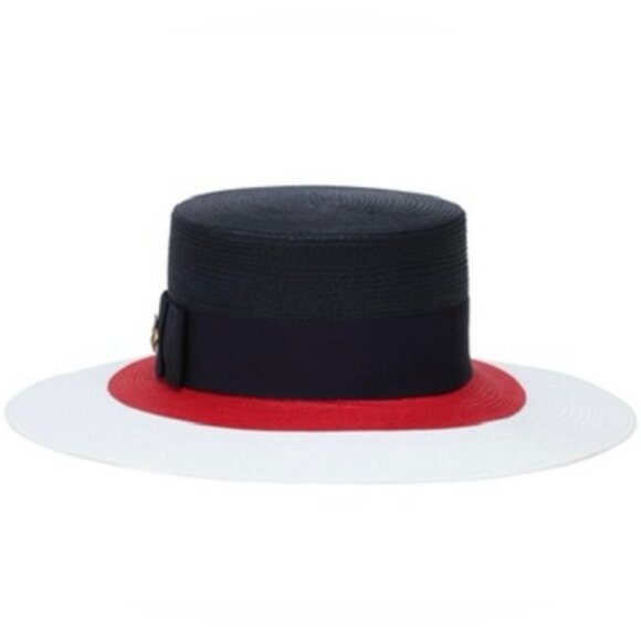 NWT Gucci Blue/Red/White Papier Wide Brim Straw Bee Hat Size L $590.00 *2023* main image 7